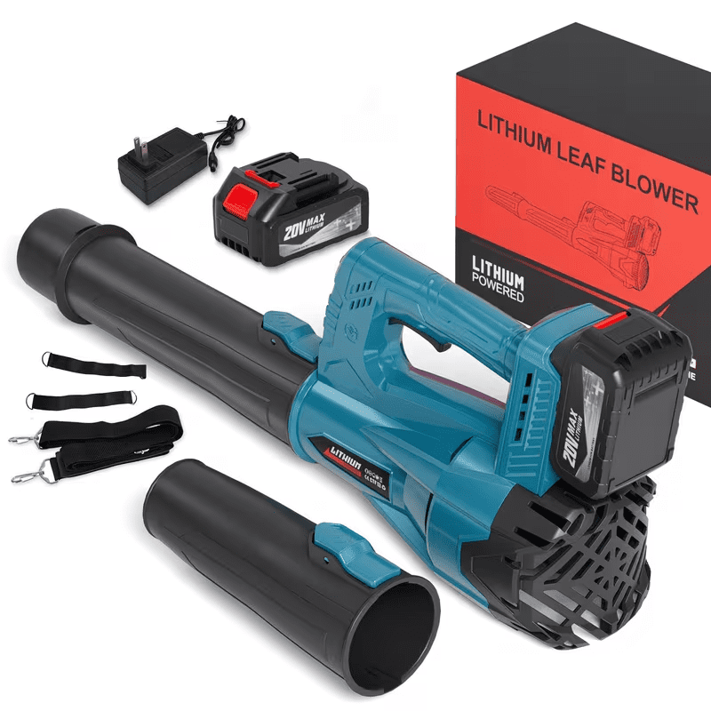 Blue Leaf Blower With One Battery And Adjustable Strap