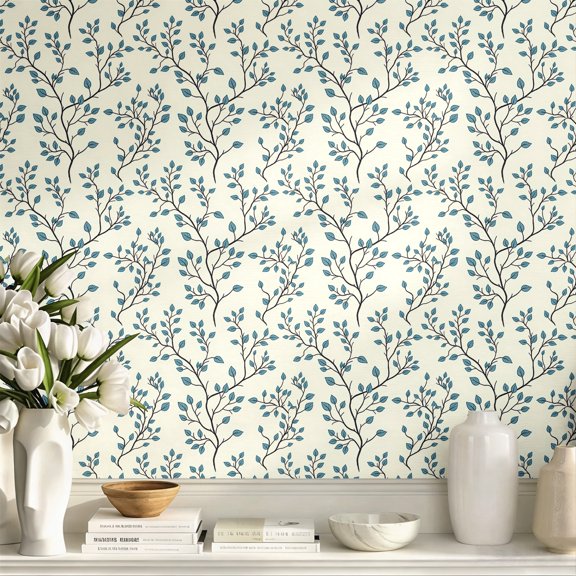 Blue Leaf Branch Pattern Peel and Stick Wallpaper, Boho Minimalist Aesthetic Wall Art, Wall Decor, Art Print, Elegant Exquisite Wall Decoration for Living Room, Bedroom, Apartment Home Decor