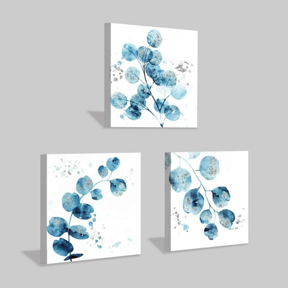 Blue Leaf Canvas Pictures Artwork: Watercolor Botanical Leaves Art Paintings Print on Canvas for Dining Room (12'''' x 12'''' x 3 Panels)