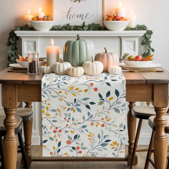 Blue Leaf Cotton Linen Table Runner, Washable Table Runners for Kitchen, Dining Room, Holiday, Home Party Table Decor, 13x108 Inches