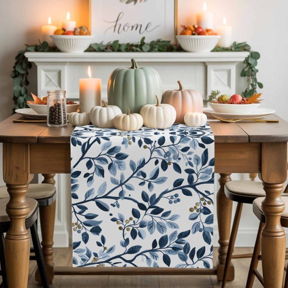 Blue Leaf Cotton Linen Table Runner, Washable Table Runners for Kitchen, Dining Room, Holiday, Home Party Table Decor, 13x120 Inches