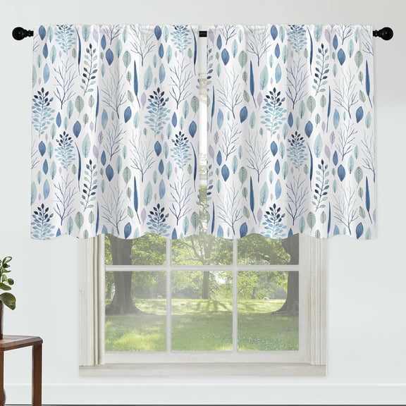 Blue Leaf Curtains 27 Inches Wide 24 Inches Length 2 Panels Elegant Green Floral Rod Pocket Window Curtain Plant Printed Short Curtains for Kitchen Bathroom