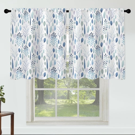 Blue Leaf Curtains for Kitchen Bathroom Floral Rod Pocket Window Tier Curtains Valance Set 4 Pcs Plant Printed Valances 27W x 36L*2 Curtains 27W x 36L*2