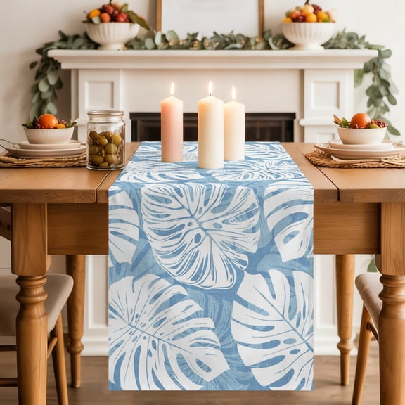 Blue Leaf Dining Table Runner, Tropical Country Nautical Watercolor Jungle Botanical Leaves Washable Table Runners Kitchen Coffee Table Center Decor for Home Party Holiday Wedding 13 x 60 Inches