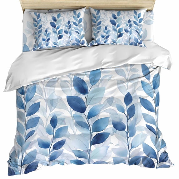 Blue Leaf Duvet Cover Set, Watercolor Country Plant Monochrome Branch Soft Duvet Cover Queen Size Bedding Set 4 Pieces, 1 Quiltcover and 2 Pillowcases with Zipper, 1 Bed Sheet for All Seasons