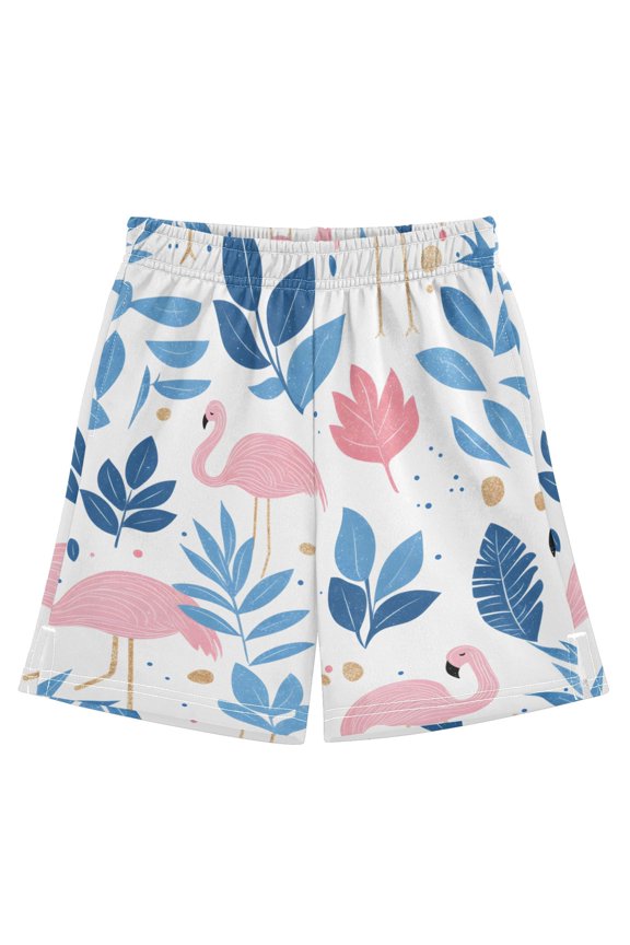 Blue Leaf Flamingo Athletic Shorts Breathable with Comfort Fit Drawstring Casual Sweatshorts Medium