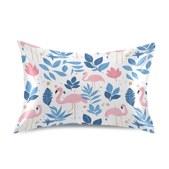 Blue Leaf Flamingo Pillowcase Standard Size 20''x26'' Satin Double-Sided Print Soft Wrinkle Resistant