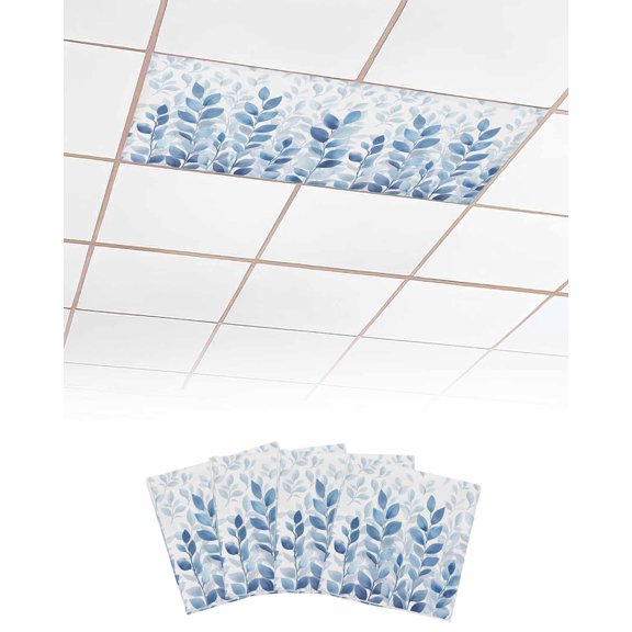 Blue Leaf Fluorescent Light Covers for Ceiling Lights 4x2 feet,4 Pack Magnetic Light Filters for Classroom,Watercolor Country Plant Monochrome Branch Fluorescent Light Shade Panel for Office School