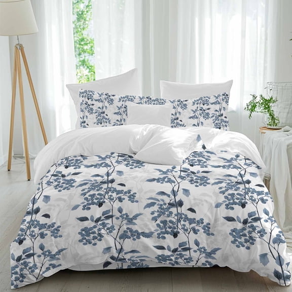 Blue Leaf Fruit Queen Size Comforter Set, Plant Nature Vintage Botanical Bedding for All Seasons, 4 Pcs Bed Set, 1Quiltcover (90"x92") ,1Sheet(94"x116"), 2Pillowcases (30"x20")