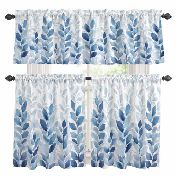 Blue Leaf Kitchen Curtains Sets for Windows 36 Inch Length, Watercolor Country Plant Monochrome Branch Rod Pocket Window Treatments Tier Curtains and Valances Set for Bedroom/Bathroom