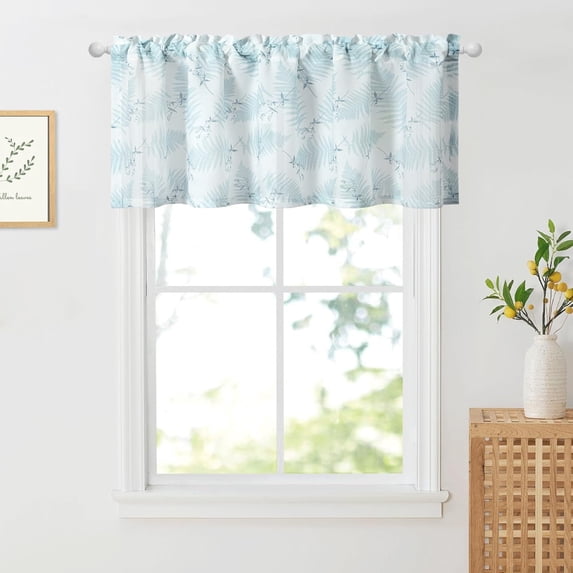 Blue Leaf Print Valance Curtains, 1 Panel Country Style Easy Care Window Valances, Rod Pocket Decorative Short Drapes for Living Room, W 52 x L 18
