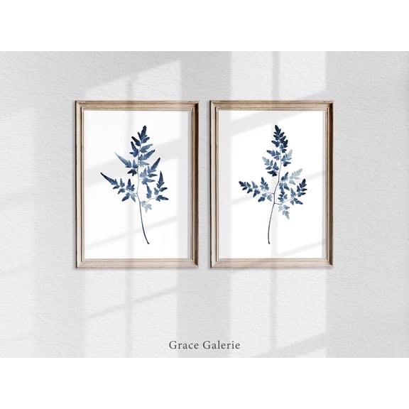 Blue Leaf Prints Set Of 2, Minimalist Watercolor Botanical Wall Art
