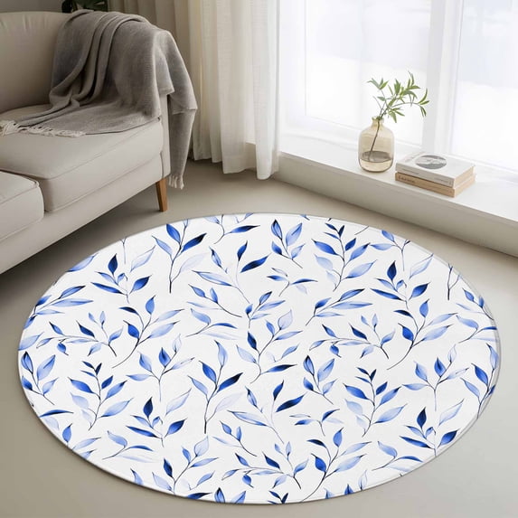 Blue Leaf Round Area Rug 3 FT,Small Kitchen Bathroom Mats,Modern Botanical Foliage Plant Country Flower Washable Indoor Outdoor Throw Runner Carpet Non-Shedding Doormat for Table Shower Sofa Entryway