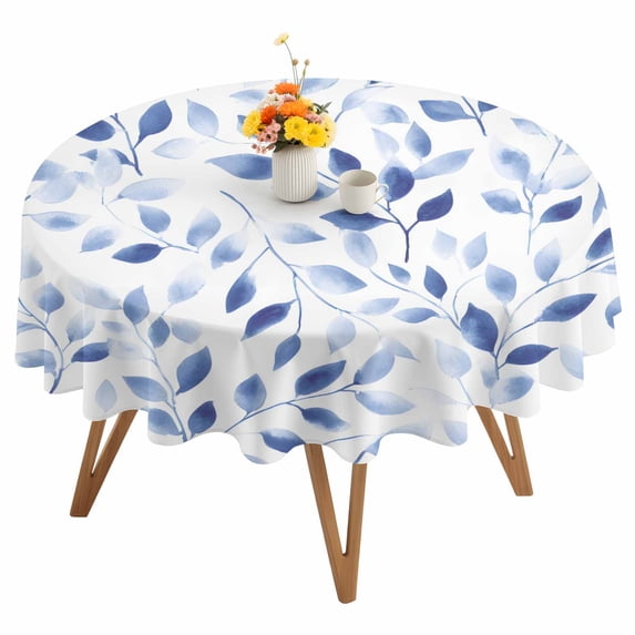 Blue Leaf Round Tablecloth 60 inches Gradient Abstract Plants Watercolor Leaves Waterproof Oil-Proof Table Cloth Round Table Cover for Holiday Party Picnic Dinner Decor Indoor and Outdoor Use