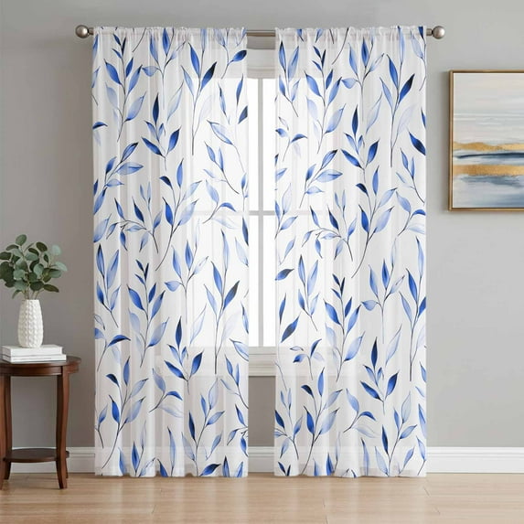 Blue Leaf Semi Sheer Curtains 108 Inch Length 2 Panels Set, Modern Botanical Foliage Plant Country Flower Sheer Kitchen Curtain Privacy Voile Window Curtain for Living Room Bedroom Rod Pocket Drapes