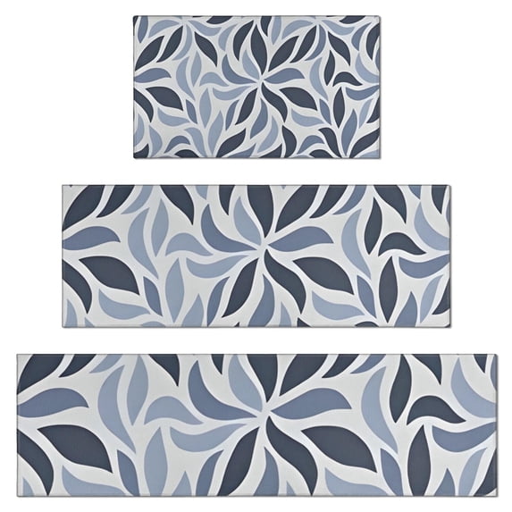 Blue Leaf Shaped Floral Pattern Kitchen Rugs Sets Of 3,Kitchen Runner Rugs Non Skid Washable,Decorative Kitchen Floor Mats for Kitchen,Sink,Laundry,17"x30"+ 17"x47" + 17"x59"