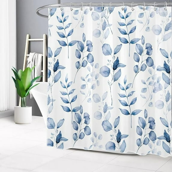 Blue Leaf Shower Curtain, Watercolor Plant Eucalyptus Leaves On White Background Bathroom Curtain, Botanical Leaf Bathroom Decor With 12 Hooks 36"W x 72"L
