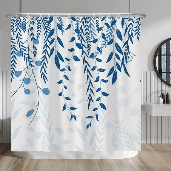 Blue Leaf Shower Curtains with Hooks Farmhouse Botanical Decorative Floral Leaves Fashion Shower Curtain for Bathroom Decor Waterproof Polyester Shower Curtain for Bathroom 72x72 Inch