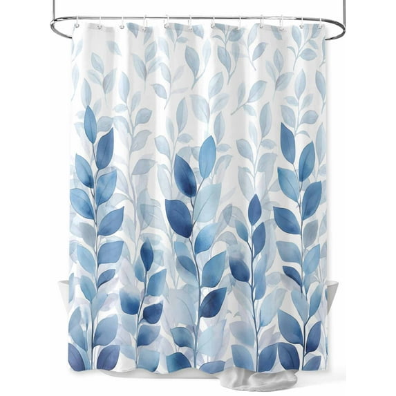 Blue Leaf Stall Shower Curtain, Waterproof Shower Curtains for Bathroom, Watercolor Country Plant Monochrome Branch Washable Fabric Cloth Bath Curtain for Bathtub Decoration with Hooks 36x72 Inches