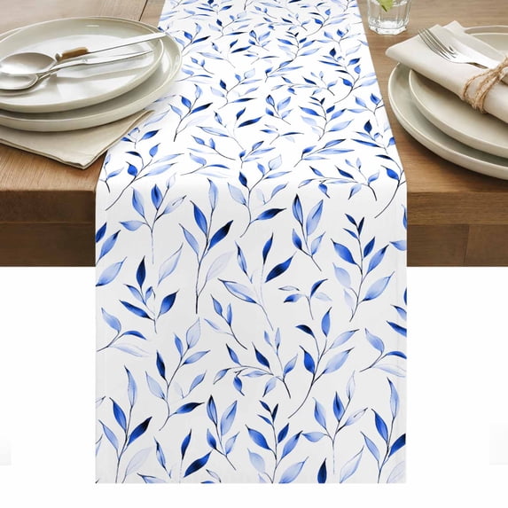Blue Leaf Table Runner - 36 Inch Long, Kitchen Dining Table Runner Dresser Scarves, Modern Botanical Foliage Plant Country Flower Farmhouse Decor for Coffee Tables Wedding Party Banquet