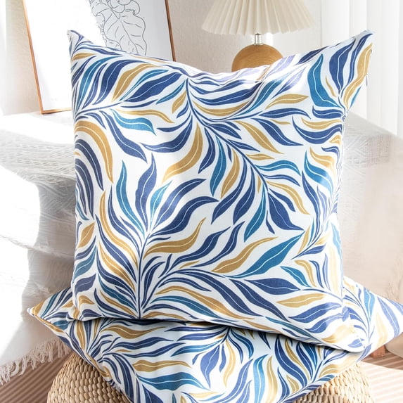 Blue Leaf Throw Pillow Covers 18x18 Inch Set of 2, Vintage Linen Decorative Pillow Covers for Bed Couch Sofa Bedroom Living Room Home Decor, B6