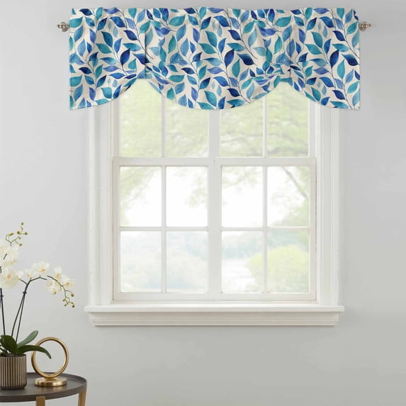 Blue Leaf Tie Up Valances Curtain, Watercolors Leaf Vintage Linen ...