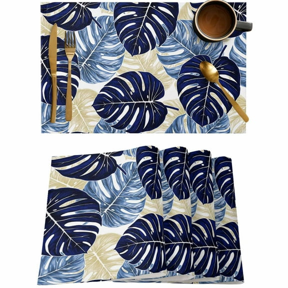 Blue Leaf Tropical Palm Leaves Placemats Set of 4,Wipeable Washable Table Mats for Dining Tables,Foliage Botanical Place Mats for Kitchen Event Party Tabletop Decor