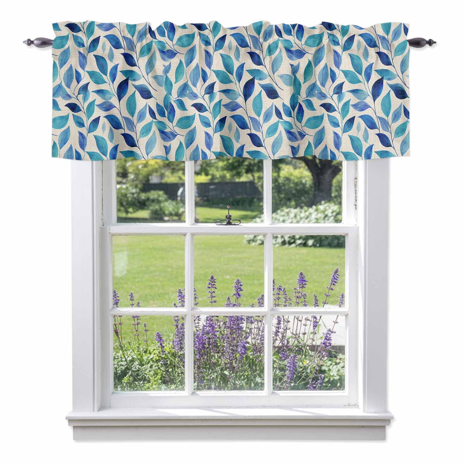 Blue Leaf Valance Curtain for Windows Watercolors Leaf Vintage Linen ...