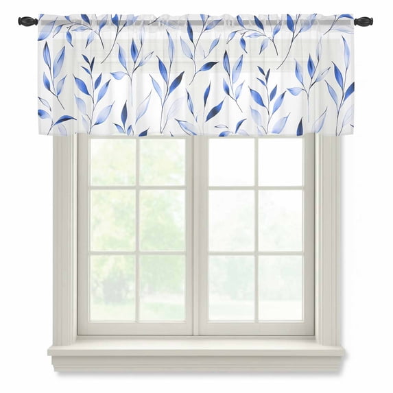 Blue Leaf Valance Curtains for Kitchen/Living Room/Bathroom/Bedroom Window, Rod Pocket Small Topper Half Short Window Curtains Voile Sheer Scarf, Modern Botanical Foliage Plant Country Flower 42"x12"