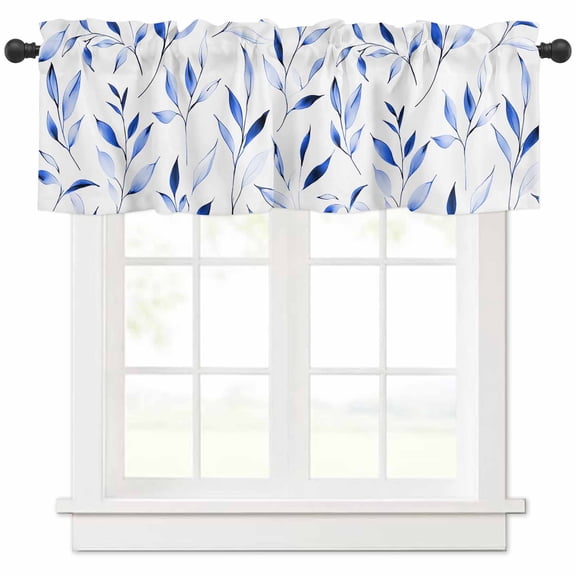 Blue Leaf Valances for Windows Farmhouse Kitchen Curtains Valances Rod Pocket Valance Curtains for Kitchen Windows Modern Botanical Foliage Plant Country Flower Window Valances for Bathroom 42"x12"
