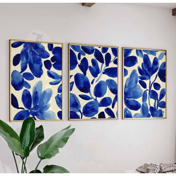 Blue Leaf Wall Art Prints Modern Botanical Abstract Nature Inspired Living Room Set 3 Unframed Paper Print 20x30