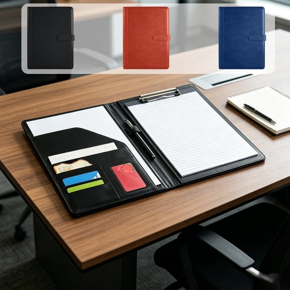 Blue Leather A4 Portfolio Folder, Multi Pocket Business Writing Padfolio with Notepad and Pen, Flexible Color Changing Cover for Workplace Office, Topliu