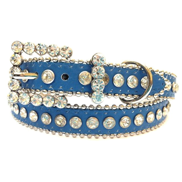 Blue Leather Belt with Clear Rhinestones and Rhinestone Belt Buckle, Size M/L