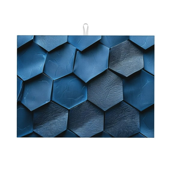 Blue Leather Hive Pattern Dish Drying Mat XL for Kitchen Counter Microfiber Absorbent Leaves Dish Draining Mat Reusable Washable Large 18"x24"
