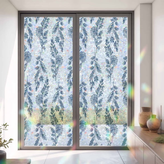 Blue Leaves Abstract Herb Window Privacy Film,Decorative Windows Static Cling Summer Pastoral Floral Plant Heat Control Removable Glass Sticker for Home Bathroom Bedroom Window Door,35x79in