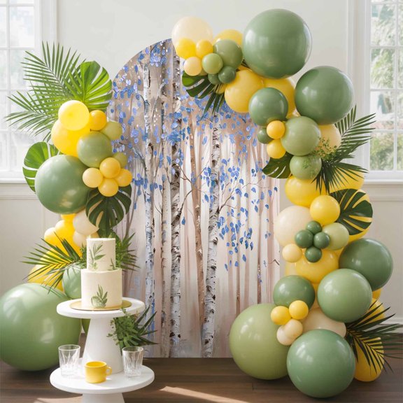 Blue Leaves Arch Backdrop Cover, 4FT, Forest Painting Art Style Spandex Arch Covers Double-Sided Backdrop for Wedding Birthday Party Photo Background Decoration