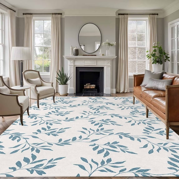 Blue Leaves Area Rugs 5'x8', Washable Small Throw Rugs for Classroom Bedroom, Modern Minimalist Leaf Botanical Vintage Indoor Outdoor Rug Non-Slip Low Pile Carpet Runner Reversible Floor Mats