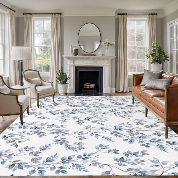 Blue Leaves Area Rugs 6'x9', Washable Small Throw Rugs for Kitchen Dining room, Summer Botanical Elegant Pastoral Indoor Outdoor Rug Non-Slip Low Pile Carpet Runner Reversible Floor Mats