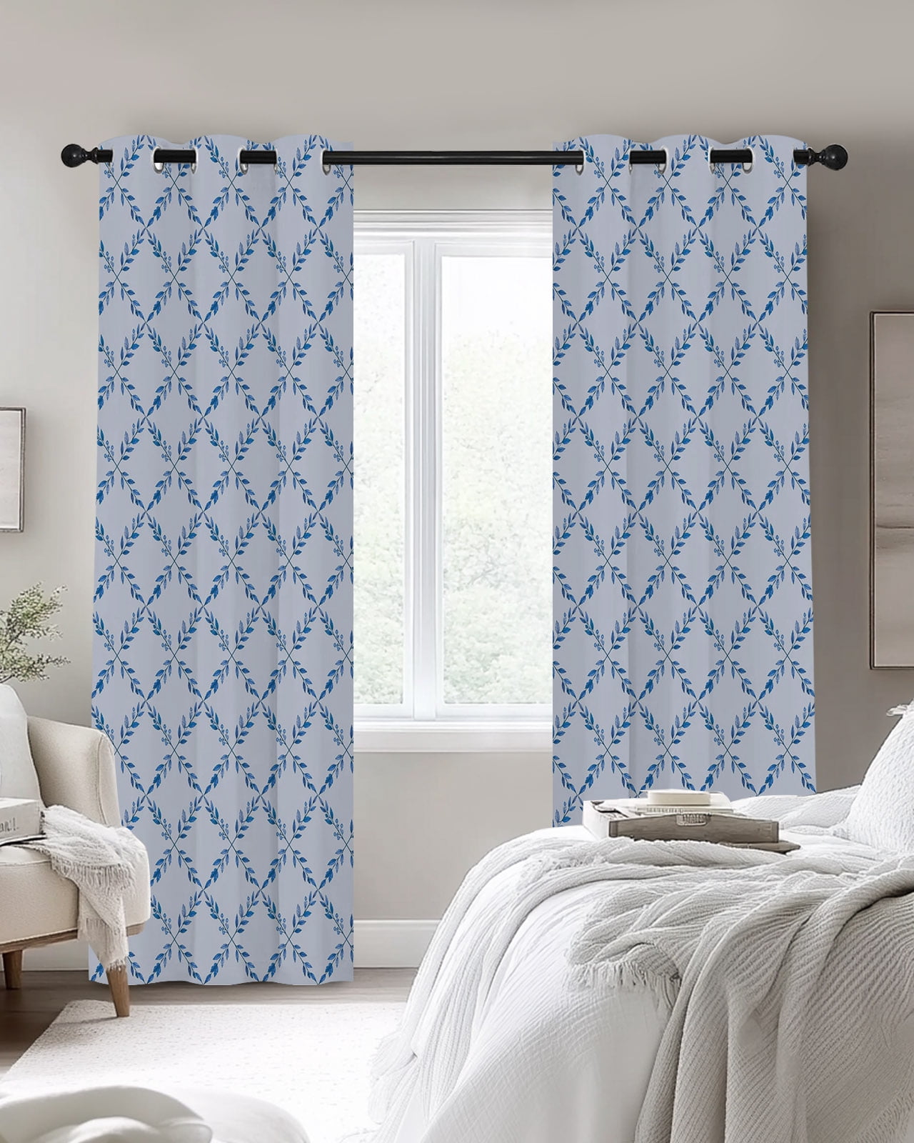 Blue Leaves Blackout Curtains 2 Panels, Minimalist Botanical Leaf ...