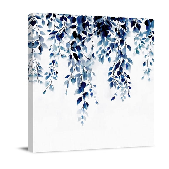 Blue Leaves Canvas Wall Art for Living Room, Vintage Watercolor Blue Eucalyptus Leaf Poster Print Painting for Bedroom Office Home Decoration Wall Pictures Prepare To Hang 8"x8"