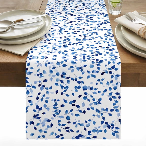 Blue Leaves Cotton Linen Table Runner American Pastoral Leaf Spring Farmhouse Dining Table Runners for Home Decor Party Dining Room Restaurant Kitchen 13" x 60"