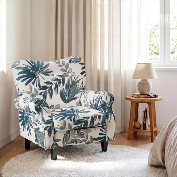 Blue Leaves Floral Wingback Armchair with Tufted Back and Curved Arms