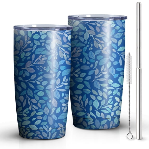 Blue Leaves and Florals 20oz Tumbler Stainless Steel Double Wall Vacuum Insulated Coffee Mug Travel Cups for Wife Mom Daughter Sister Friend Coworker, Metal Straws and Brush