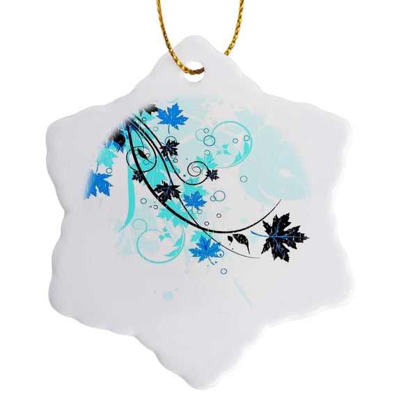 3drose, Blue Leaves Flourish, 3 inch Snowflake Porcelain Ornament