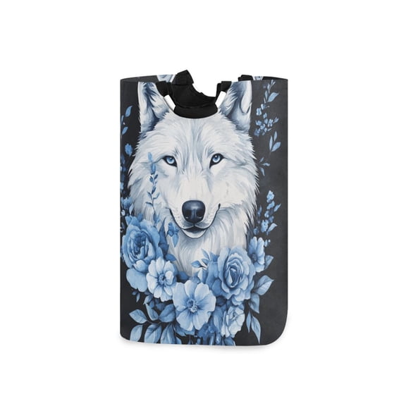 Blue Leaves Flowers White Wolf Laundry Basket with Handles Foldable Laundry Hamper Freestanding Washing Bin 50L