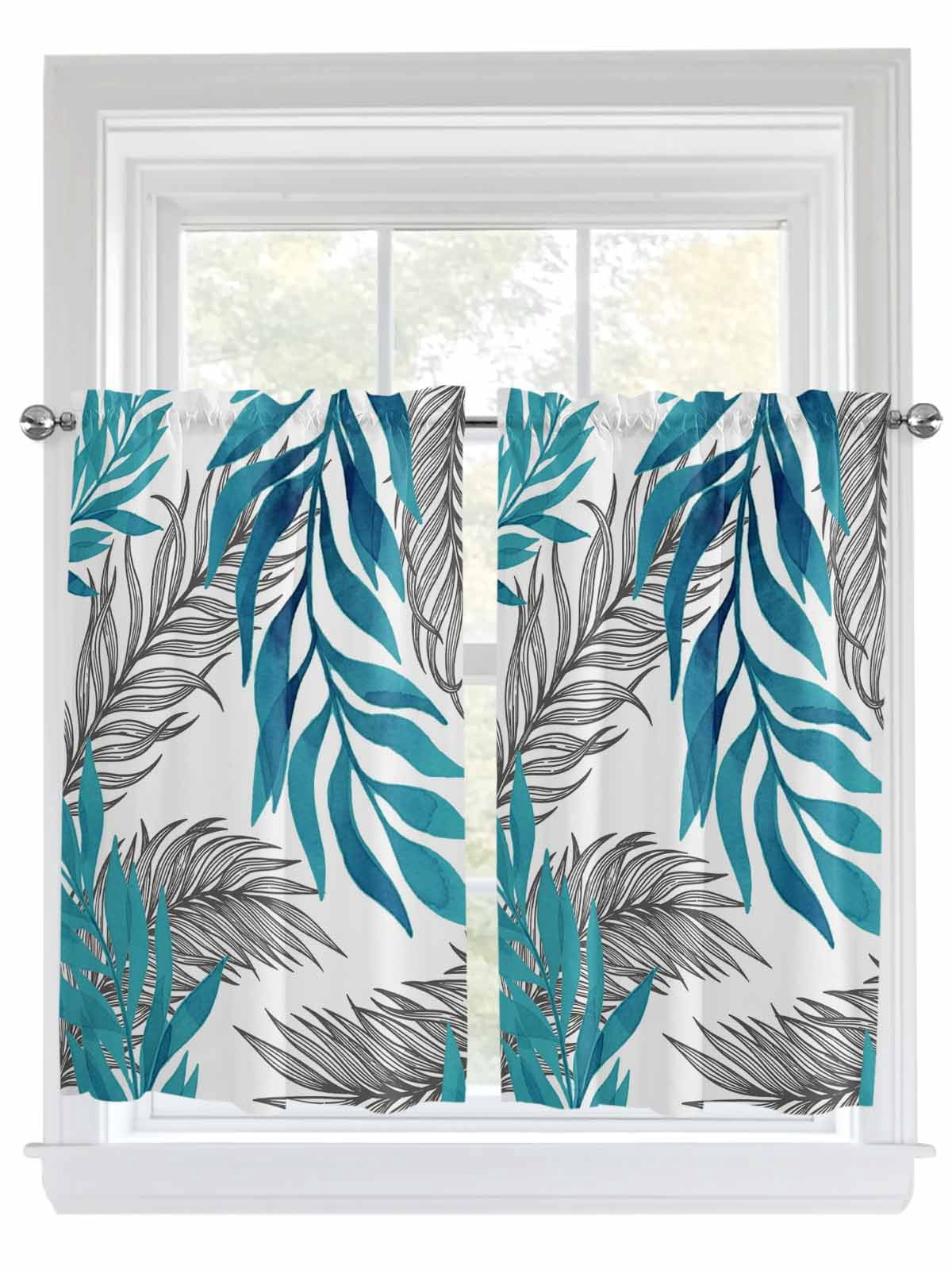 Blue Leaves Kitchen Curtains 45 Inch Length, Willow Leaf Abstract ...