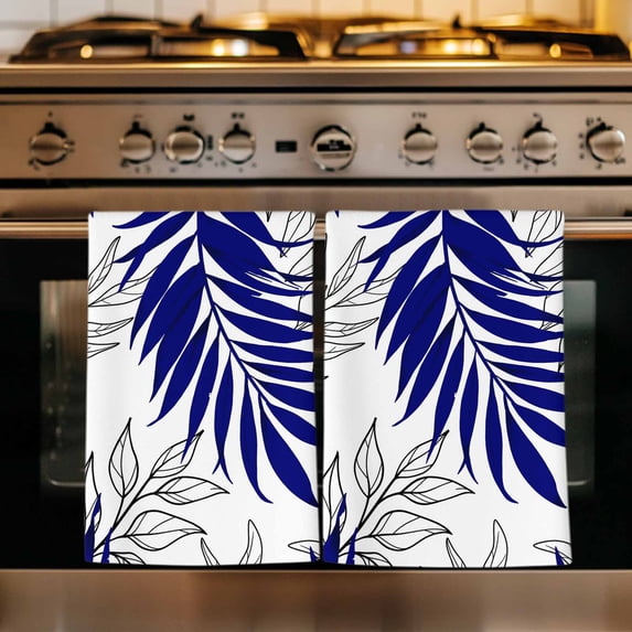 Blue Leaves Kitchen Towels Set of 3, Abstract Modern Geometric Lines Simple Art Absorbent Dish Towels for Kitchen, Microfiber Hand Towel, Quick Drying Tea Towel for Cleaning Decorative Dishcloths