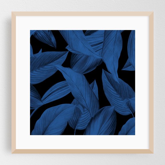 Blue Leaves - Mixed Media Botanical Tropical Floral Nature Pattern Abstract Oak Framed Wall Art Print 20 x 20 inches