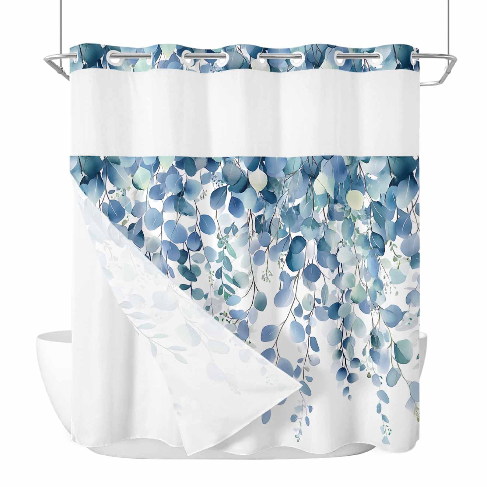 Blue Leaves No Hooks Shower Curtain with Snap-in Liner Eucalyptus Leaf ...