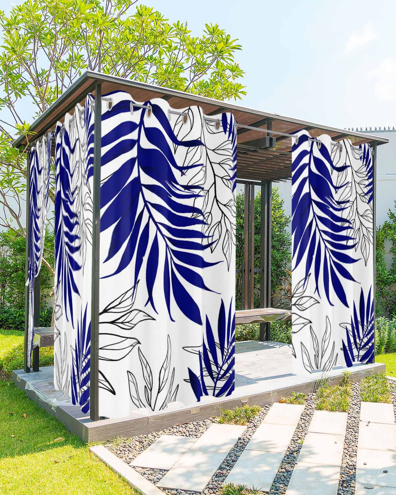 Blue Leaves Outdoor Curtains for Patio, Abstract Modern Geometric Lines Simple Art Privacy Drapes Grommet Waterproof Outside Curtains for Porch/Cabana/Balcony 54"x 84", 2 Panel